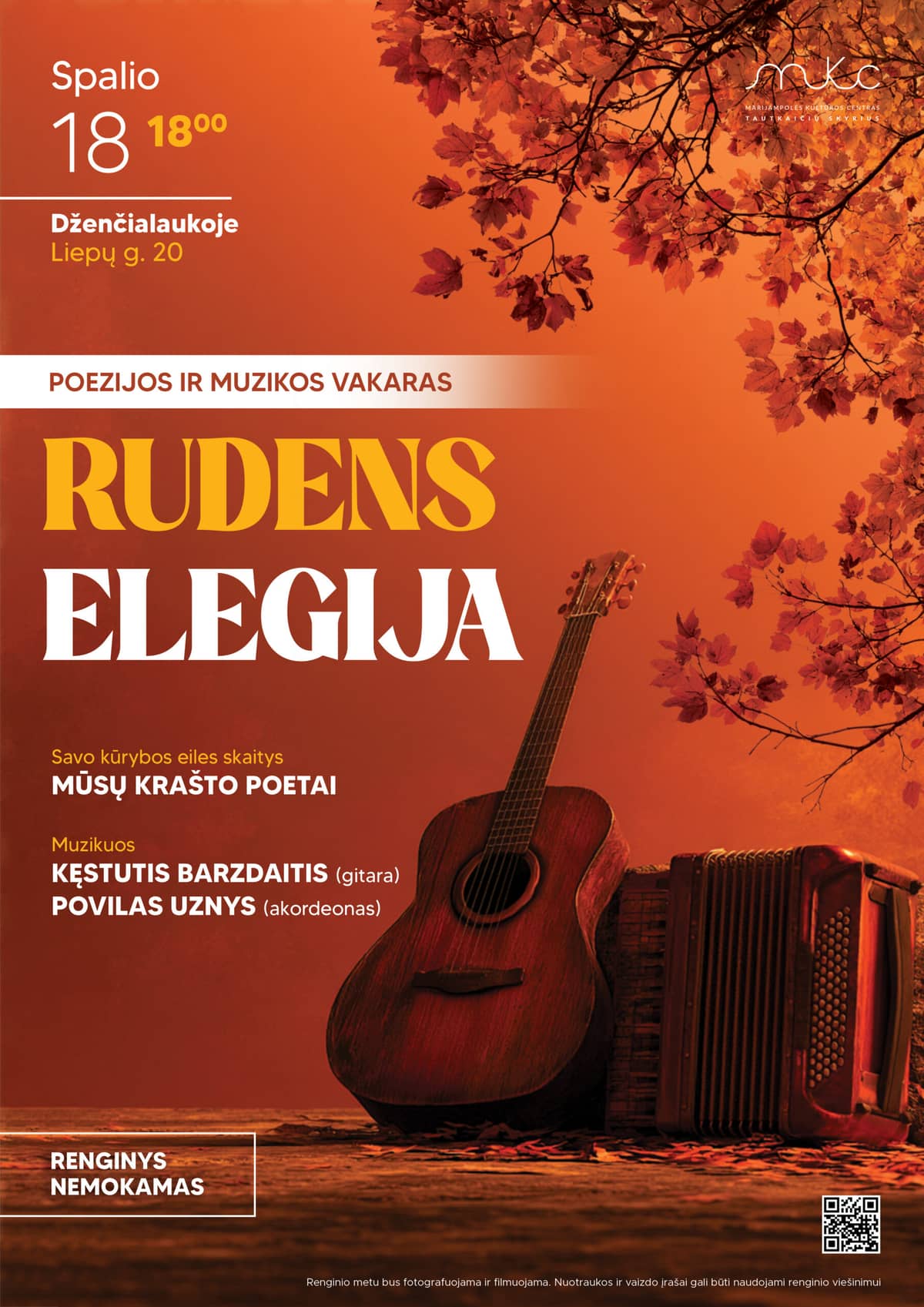 POEZIJOS IR MUZIKOS VAKARAS „RUDENS ELEGIJA“ | DŽENČIALAUKA