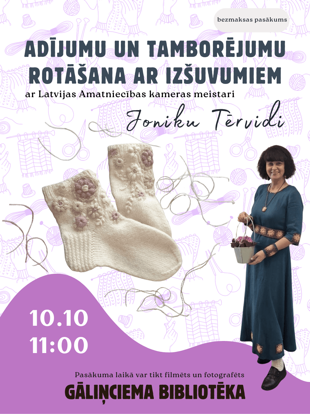 Užsiėmimas „Megztinių ir nėrinių puošimas siuvinėjimu“ Gāliņciemo bibliotekoje
